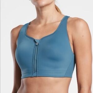 Athleta women’s sports bra 36DD advance front zip teal blue performance athletic
